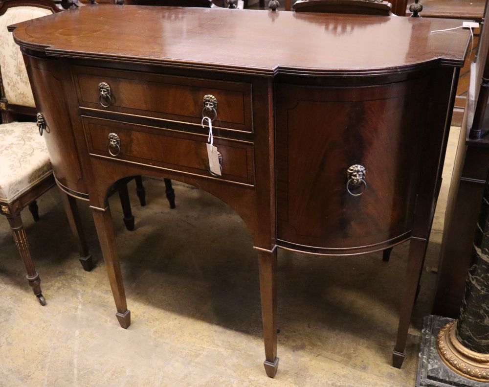 A reproduction George III style mahogany sideboard, width 122cm depth 34cm height 91cm